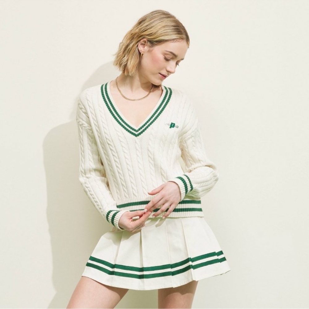 Prince Cream Cable Knit V-Neck Sweater with Green Trim